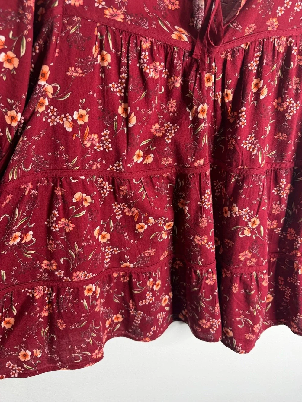 Old Navy Puff-Sleeve Floral Tiered Swing Boho Top Burgundy Floral XXL Flowy